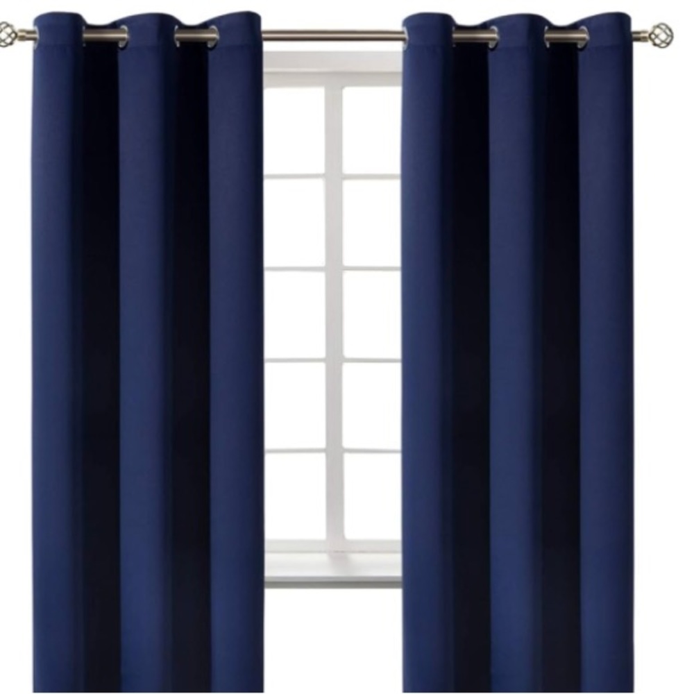 Max Blackout navy blue 2 panel set curtains with 6 silver color rings 36”x74”